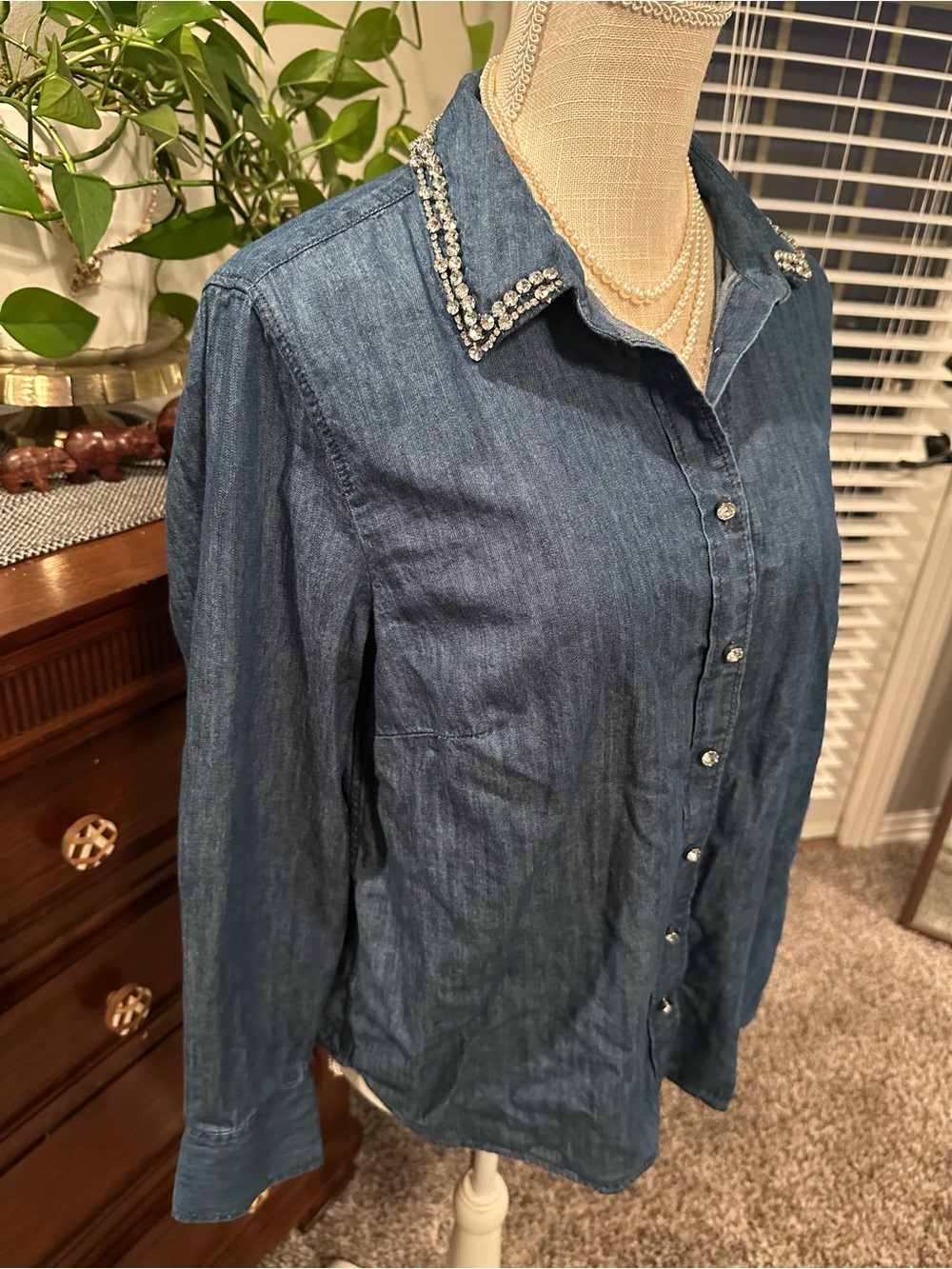 Talbots Denim Button-Down Shirt with Beaded Collar - Blue - Picture 3 of 12